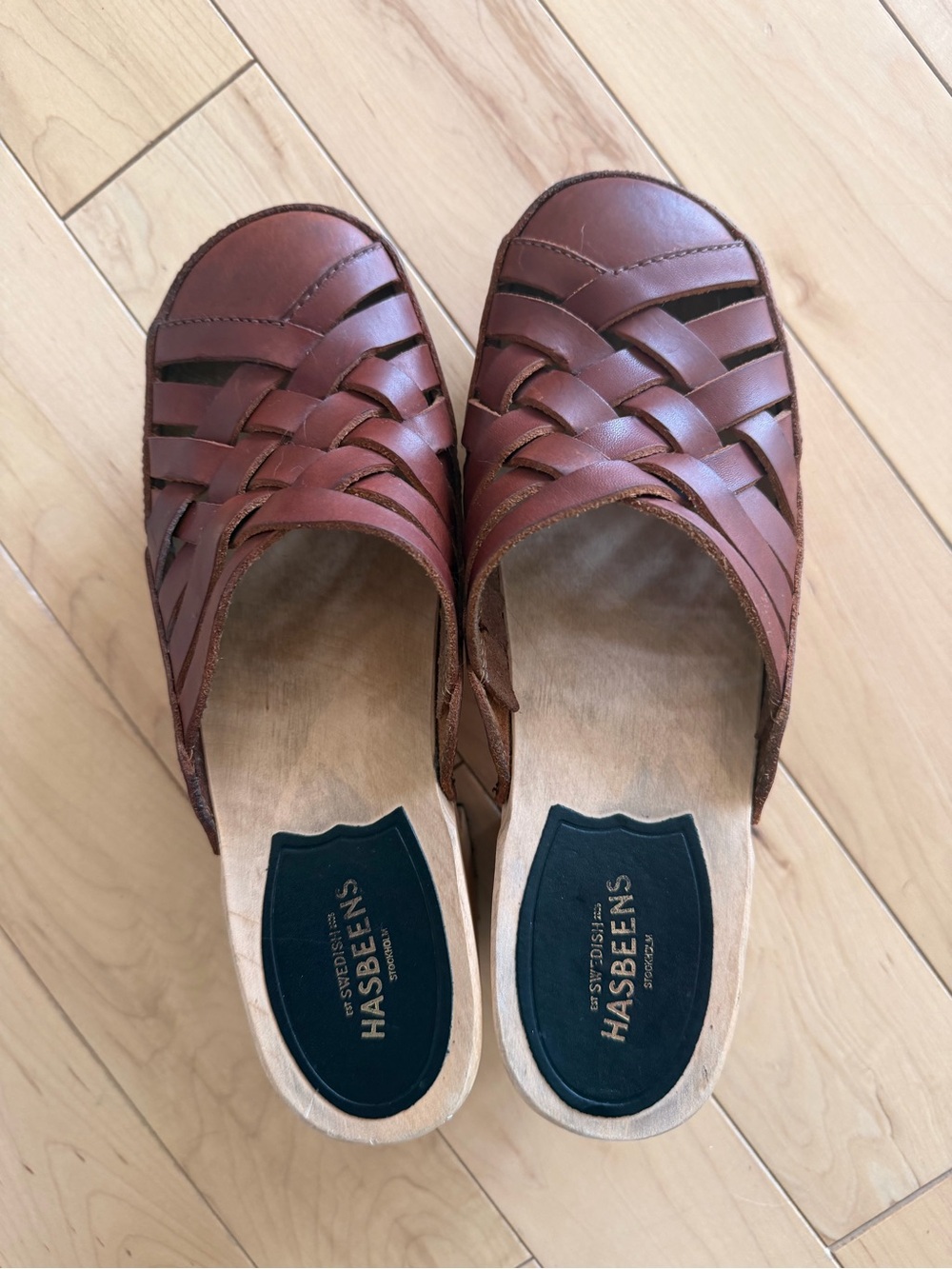 Swedish Hasbeens Brown Leather Woven Clog Slides